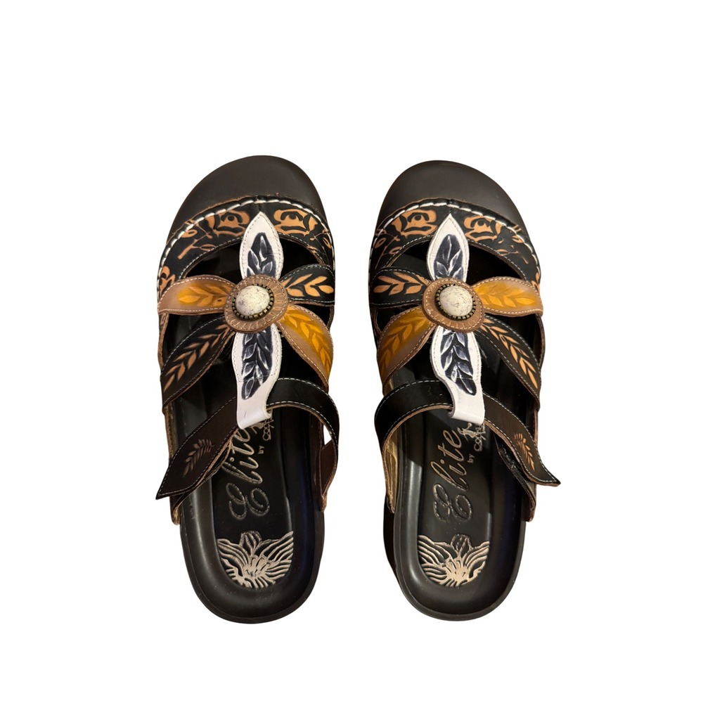 Elite by Corkys Coastal Leather Sandals EU 38 Bohemian Floral Art to Wear Black